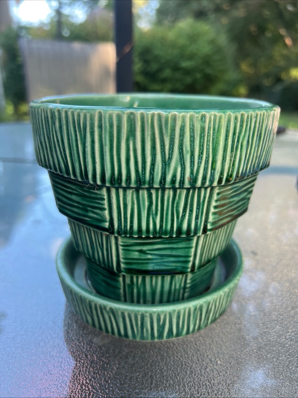McCoy Hunter Green Art Pottery Flower Pot Planter Mid Century Modern Ribs 5" USA